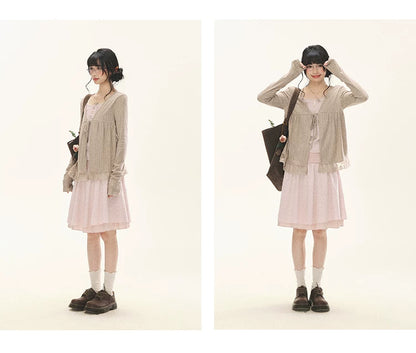 "Roasted Tea Heart" Milk Tea Faux-Layer Lace Cardigan & Skirt Set