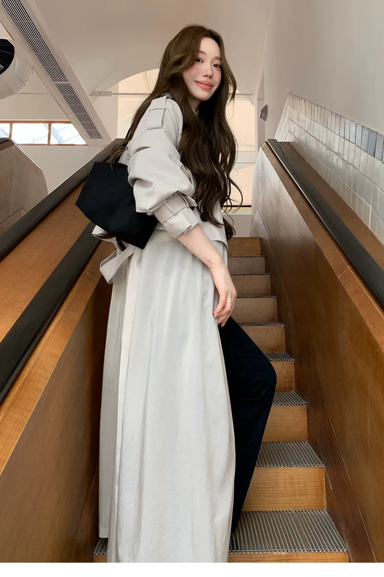 LaluneDuCiel - Beige Gray Double-Breasted Long Trench Coat