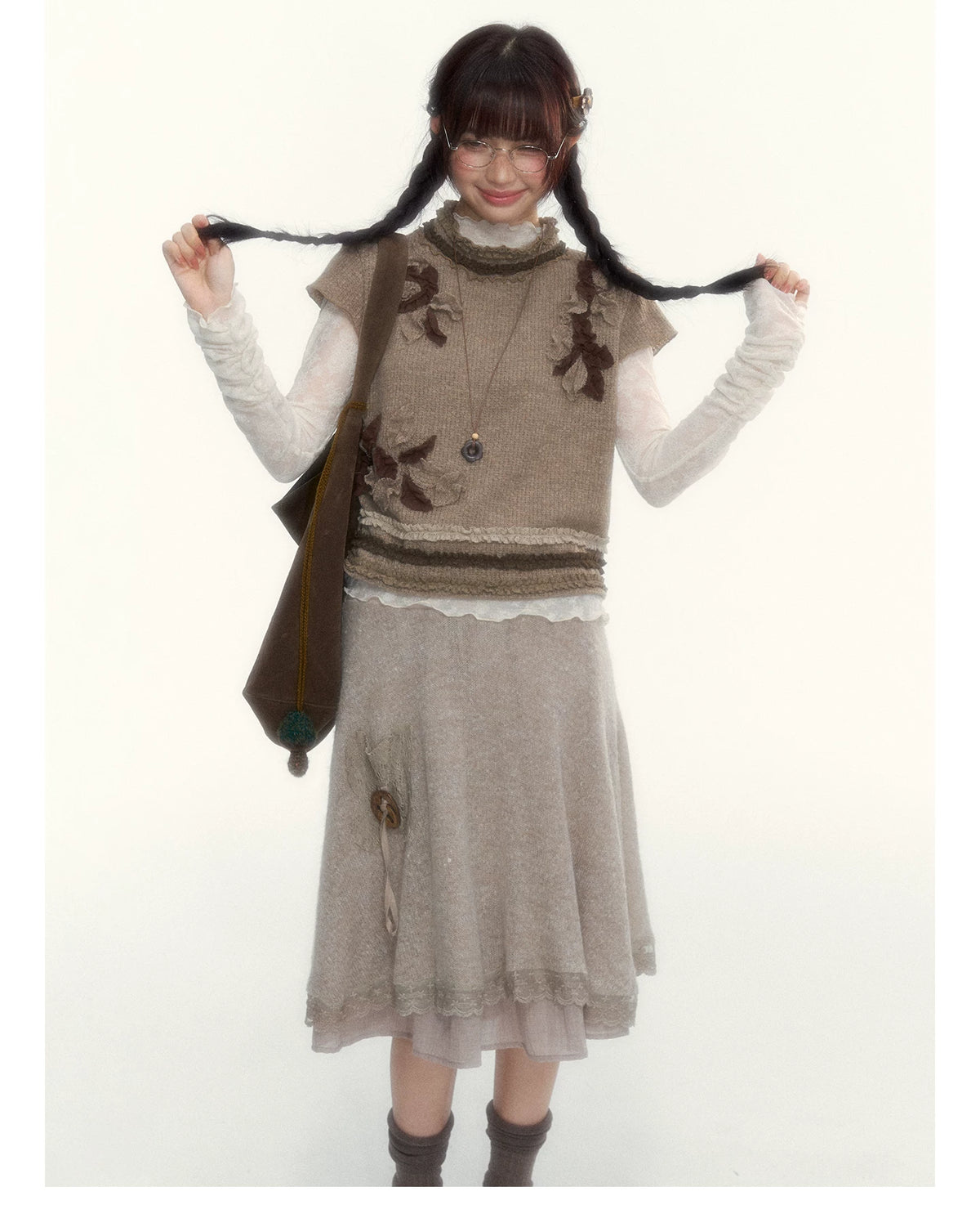 Milk Coffee Vintage Lace Knit A-Line Skirt