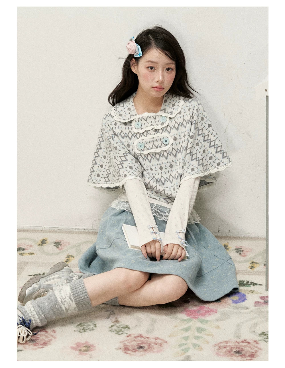 [RF] Mist Gray Argyle Jacquard Cropped Poncho-Style Pullover with Lace Trim