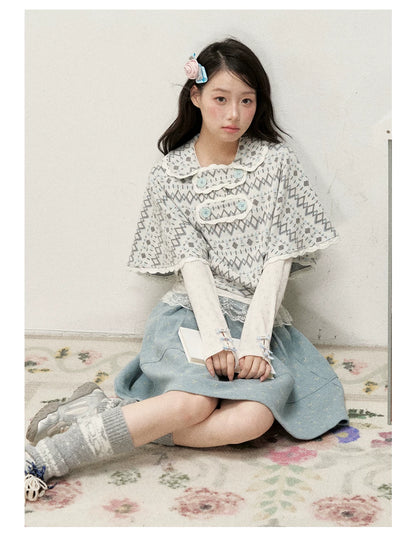 [RF] Mist Gray Argyle Jacquard Cropped Poncho-Style Pullover with Lace Trim