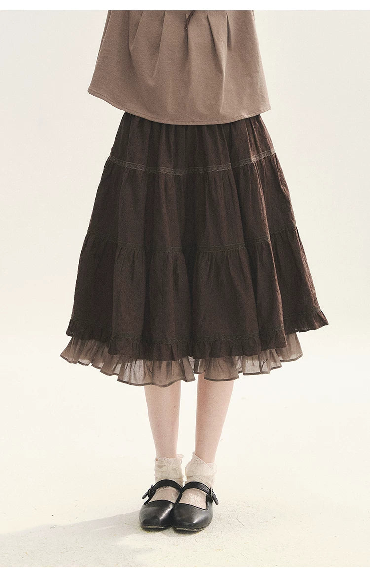 "Faded Bloom" Deep Brown Red Lace Trim Tiered A-Line Skirt