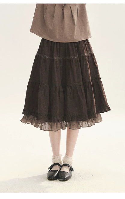 "Faded Bloom" Deep Brown Red Lace Trim Tiered A-Line Skirt