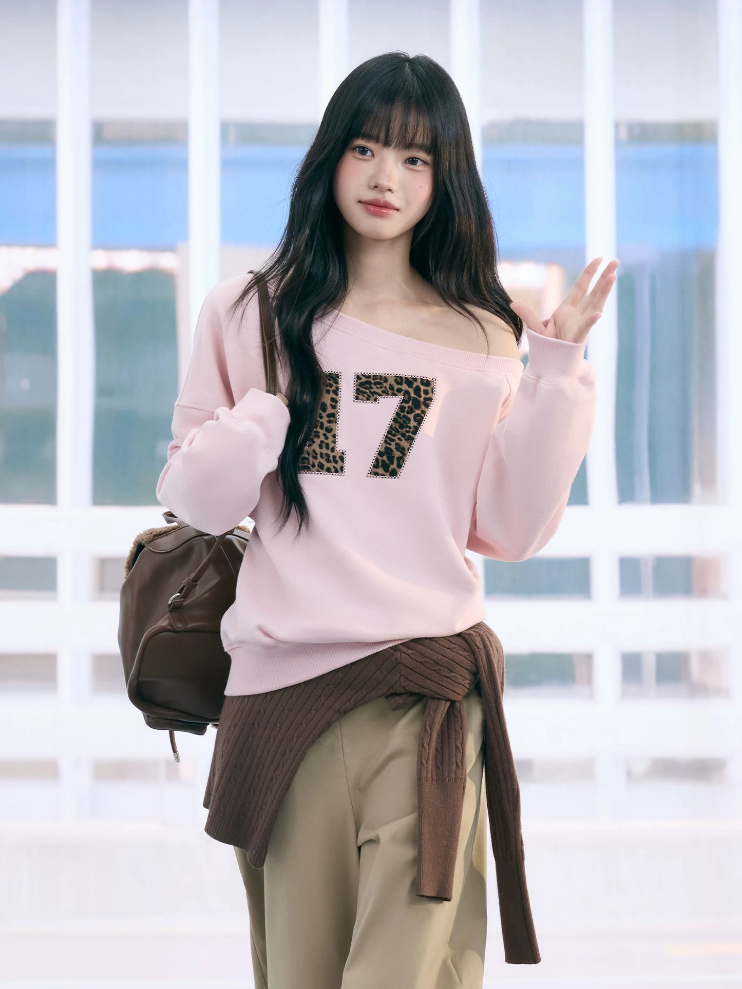 "Pink Panther Mood" Blush Pink Leopard Patch One-Shoulder Sweatshirt