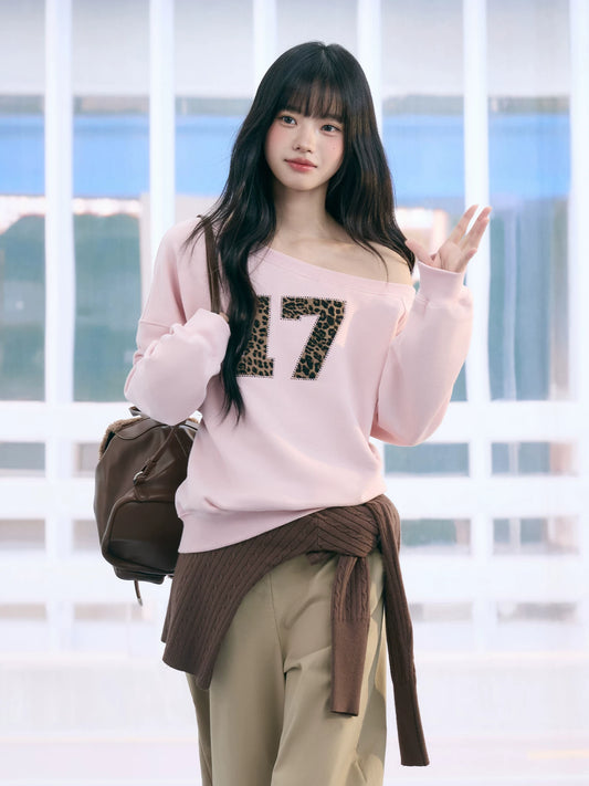 "Pink Panther Mood" Blush Pink Leopard Patch One-Shoulder Sweatshirt
