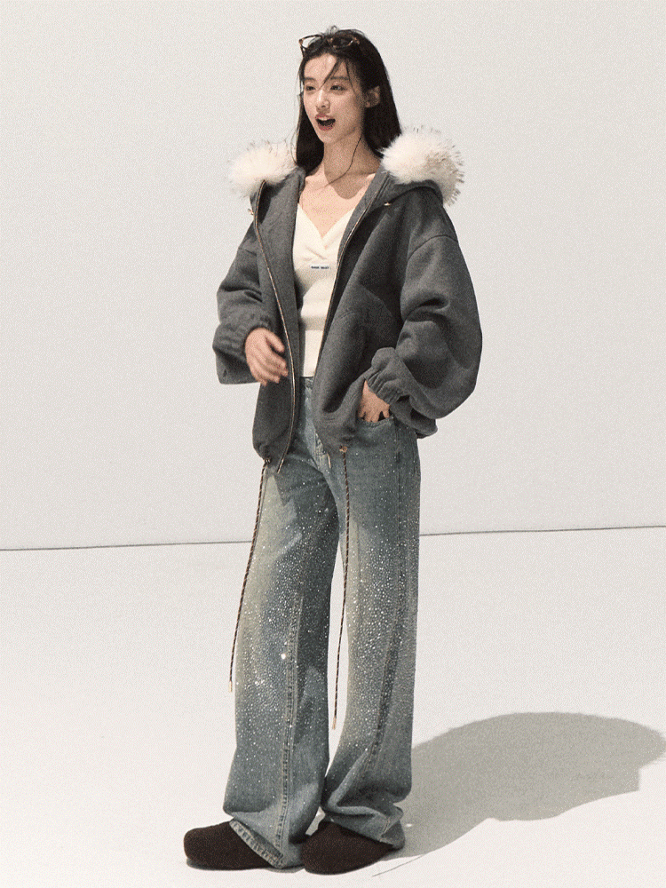 OAKMOO/ Swiss Gray Hooded Zip-Up Jacket with Detachable Faux Fur Collar