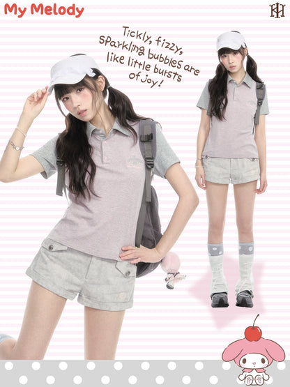 Contrast Stripe Light Gray Pink Polo Collar Short Sleeve Top / Shorts