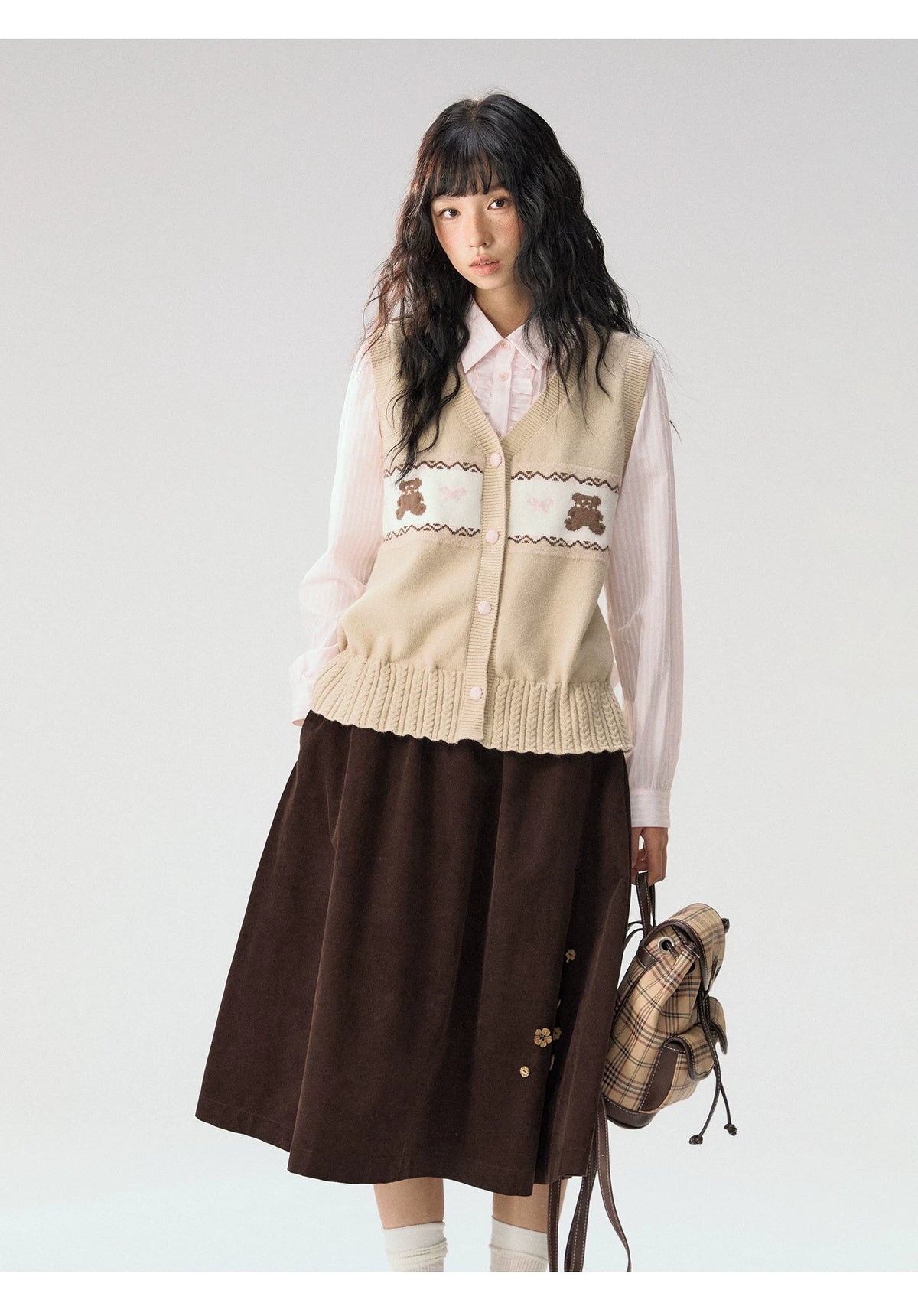[CAN] “Caramel Glow” Brown Corduroy High-Waist A-Line Skirt
