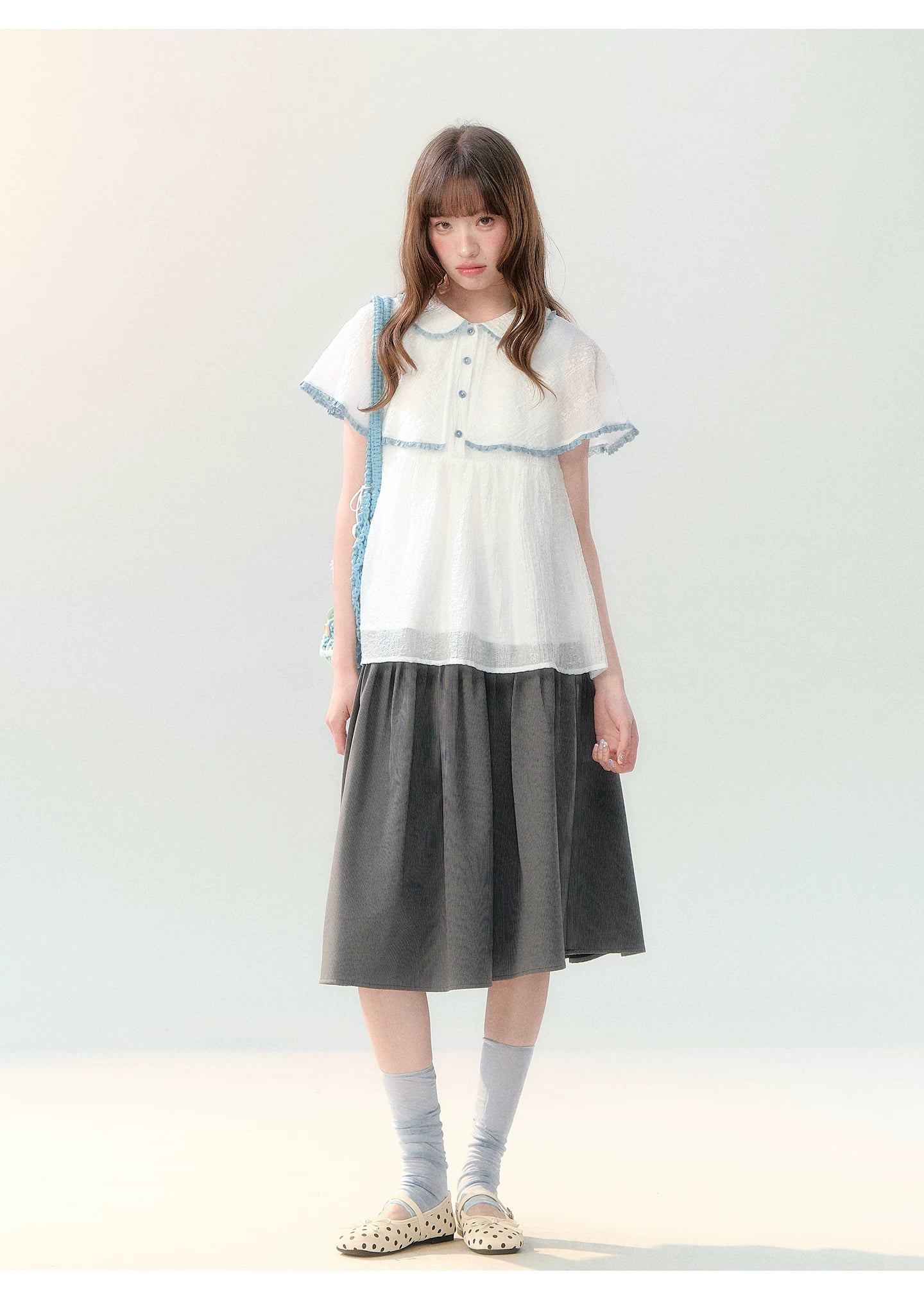 "Cloudside Letter" White Cape Collar Babydoll Blouse LL2026218