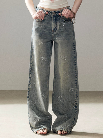 "Passing By the Sea" Vintage Blue Rhinestone Bow Wide-Leg Jeans