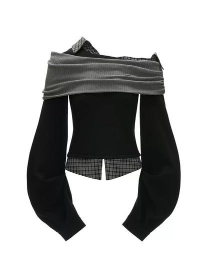 MAMC - Black Y2K Layered Plaid Off-Shoulder Sweatshirt