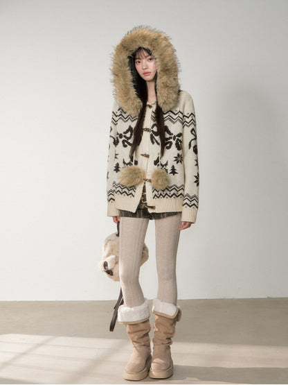 Soote Season - Fair Isle Cream Hooded Toggle Knit Jacket - Light Cream