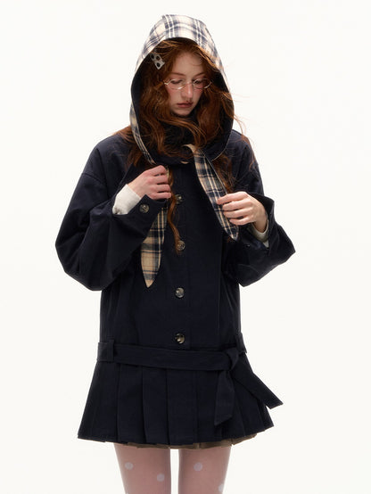 ASGONY - Preppy Bunny Collar Jacket with Removable Plaid Ears (Navy Blue)