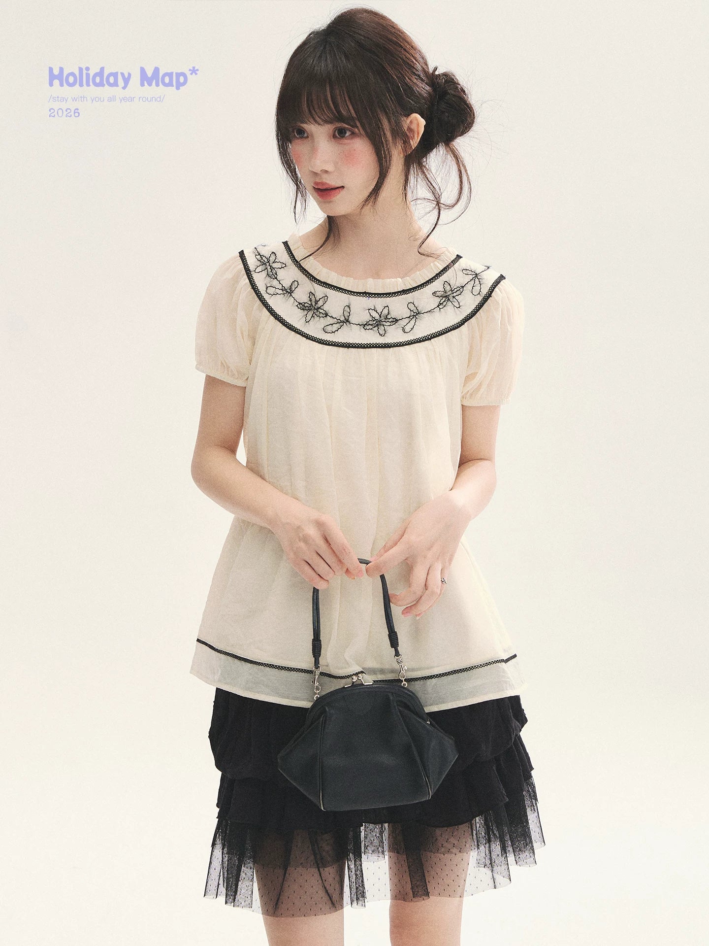 "Toasted Cookie" Yellow Flower Rope Embroidery Babydoll Top