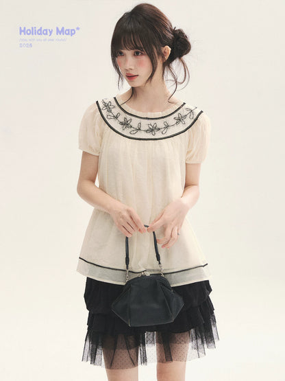 "Toasted Cookie" Yellow Flower Rope Embroidery Babydoll Top