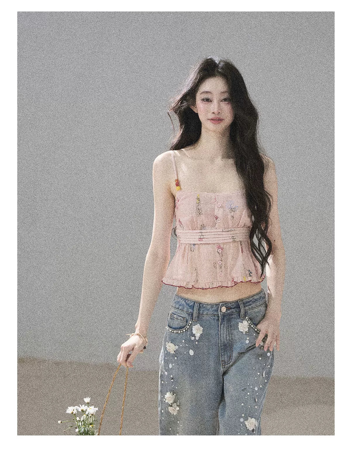 "Starlit Grace" Mist Blue Handmade Floral Wide-Leg Jeans
