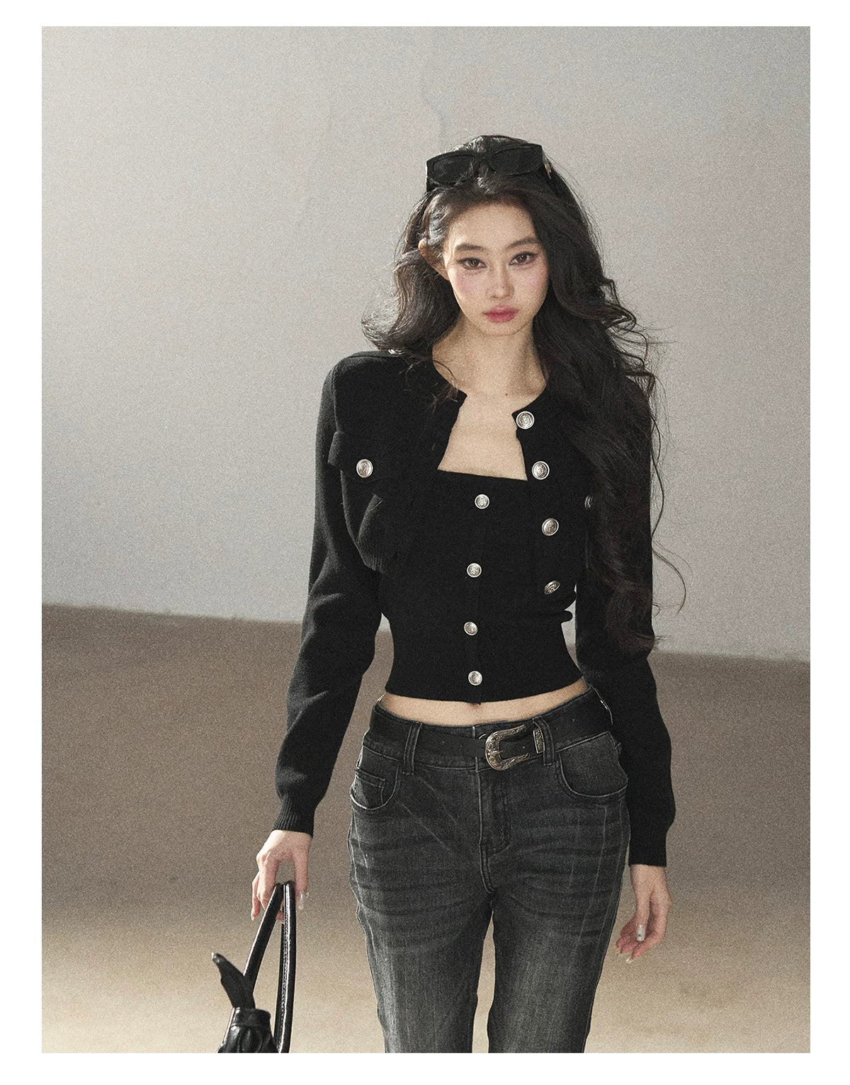 AOMALM - "You in the Night Sky" Black Cropped Knit Cardigan & Bandeau Set