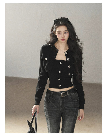 AOMALM - "You in the Night Sky" Black Cropped Knit Cardigan & Bandeau Set