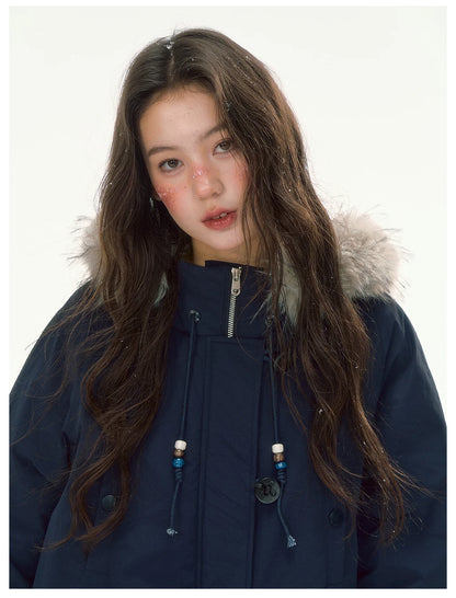 CANSTORE - "Voyage Day" Navy Blue Mid-Length Down Coat with Detachable Faux Fur Collar