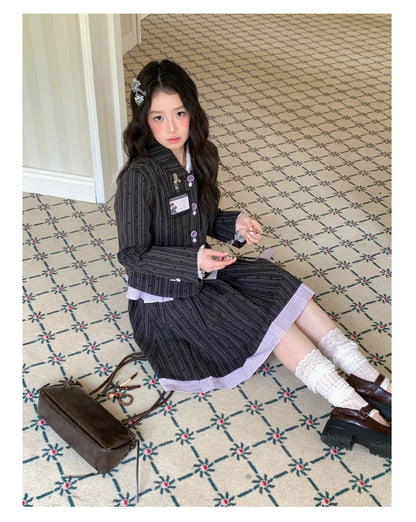 [[RF] “Ink Plaid Prelude” Gray-Purple Plaid Striped Pleated Skirt Two-Piece Set