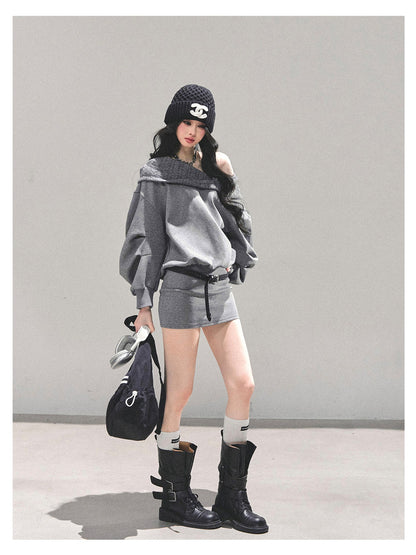 少也眼 "Silent Gravity" Off-Shoulder Oversized Sweatshirt (with Belt)