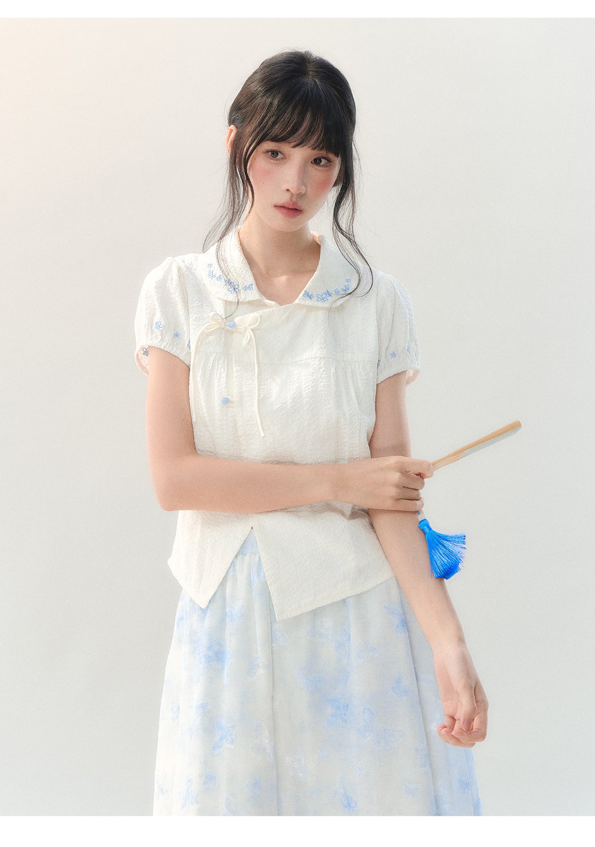 [CAN] "Butterfly Whispers" Embroidered Puff Sleeve Skirt Set