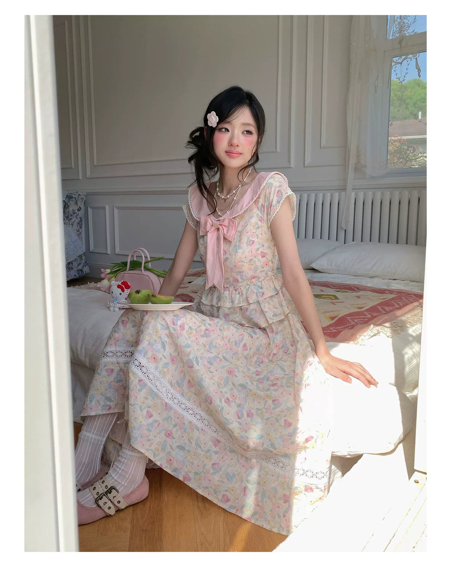 “Peach Blossom Ballad” Pink Floral Lace Maxi Dress
