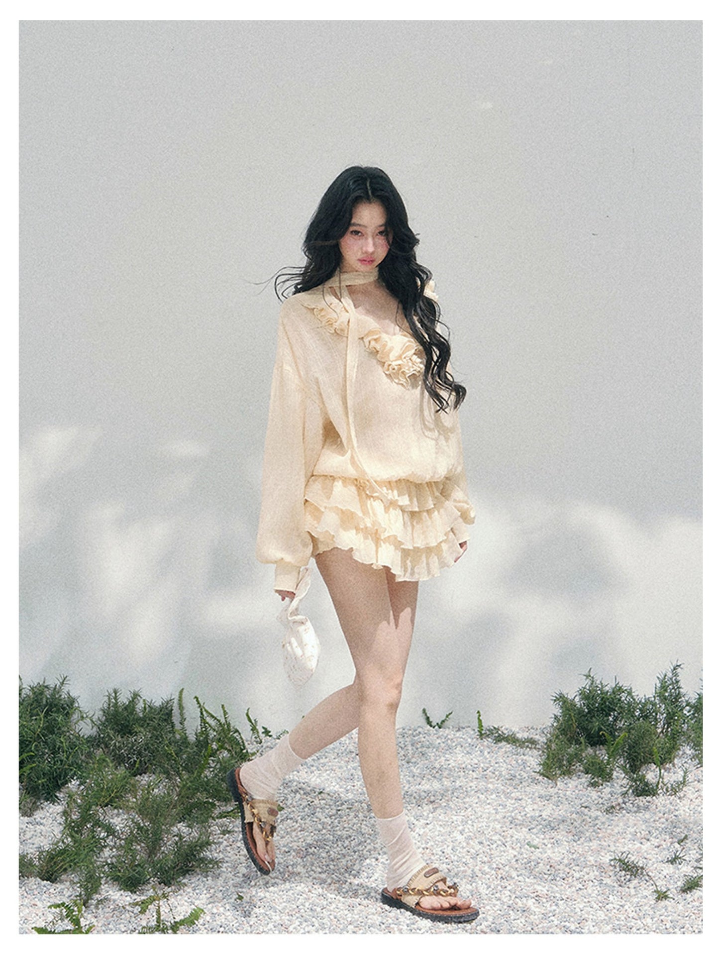 少也眼 “Evening Breeze Skirt” Milkshake Yellow Tiered Chiffon Mini Dress with Scarf Tie & Shorts 534583