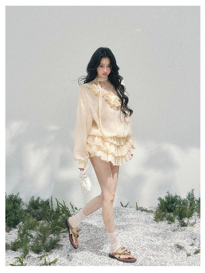 少也眼 “Evening Breeze Skirt” Milkshake Yellow Tiered Chiffon Mini Dress with Scarf Tie & Shorts 534583