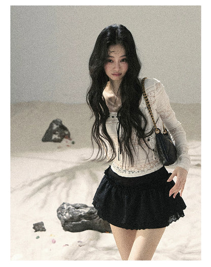 "Summer Shimmer Reverie" Creamy Oat White Lace Cutout Cardigan & Camisole Set 5864536513