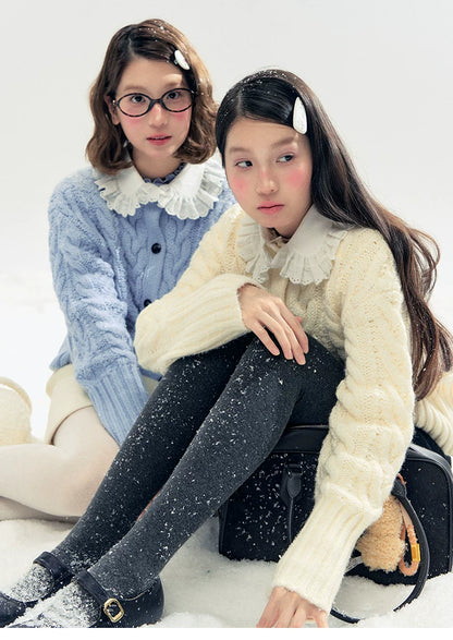"Cotton Mousse" Cable Knit Cardigan with Detachable Ruffle Collar (Cotton Blue/ Soft White)