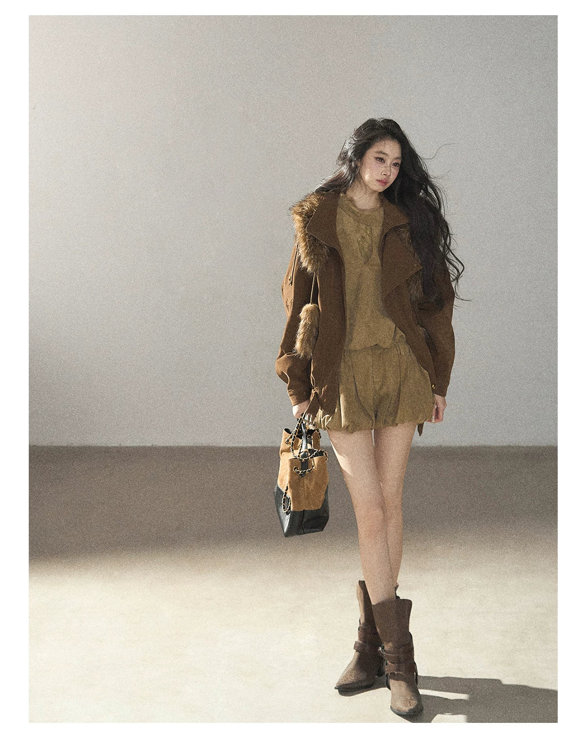 AOMALM - "The Veins of Leaves" Oatmeal French Faux Suede Top & Shorts Set