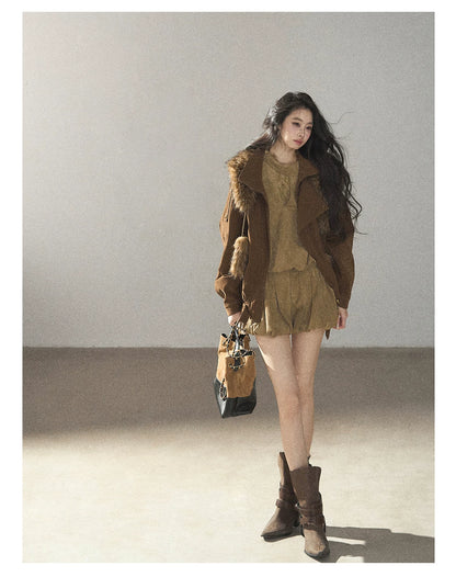 AOMALM - "The Veins of Leaves" Oatmeal French Faux Suede Top & Shorts Set