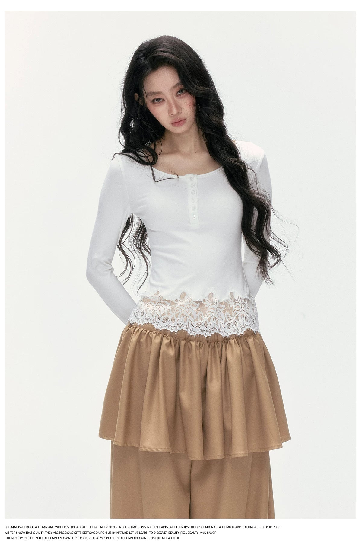 24olvides - Fitted Henley Top with Asymmetric Lace Trim (White / Brown)