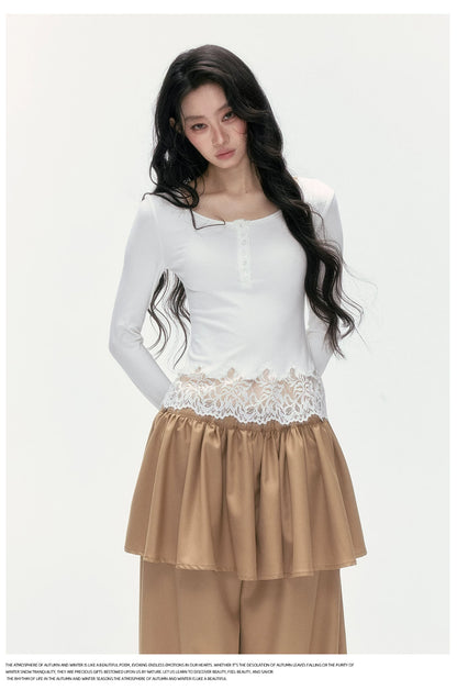 24olvides - Fitted Henley Top with Asymmetric Lace Trim (White / Brown)