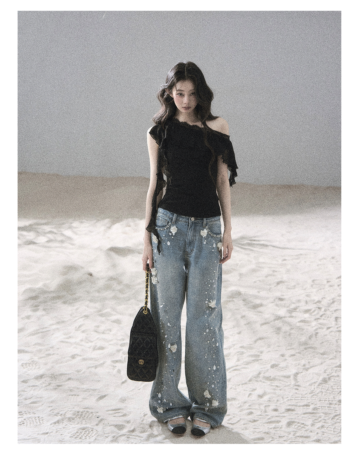 "Starlit Grace" Mist Blue Handmade Floral Wide-Leg Jeans