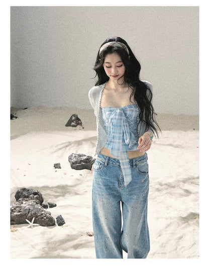 "Blue Danube Reverie" Mist Blue Bow Bandeau Crop Top & Cardigan Set 54638463