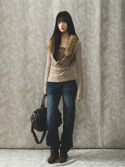 Soote Season - Oatmeal Faux Two-Piece Draped Fur-Collar Knit Base Top