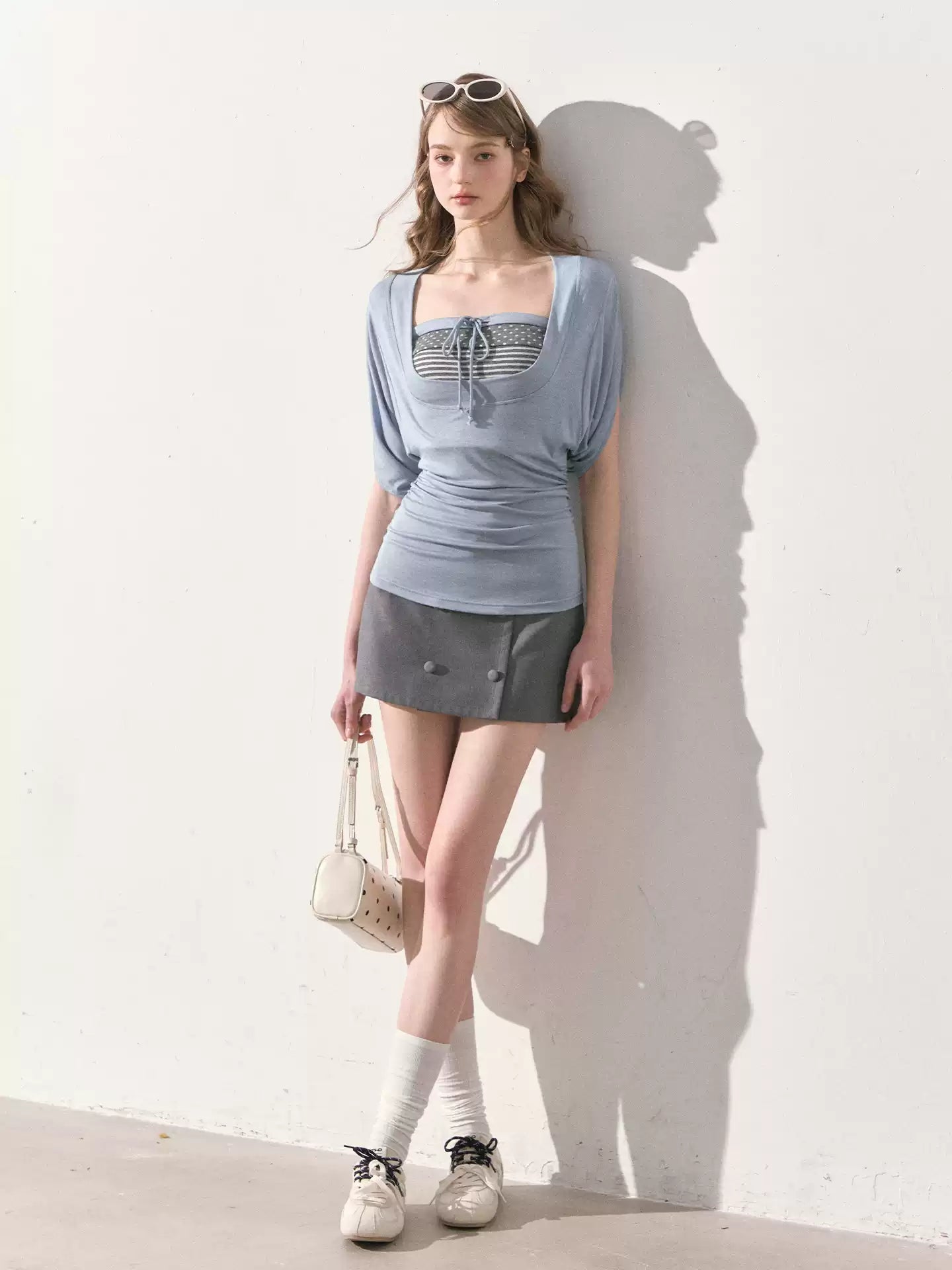 "Island Weather" Mist Blue Layered T-Shirt & Heather Gray Bandeau Mini Skirt Set