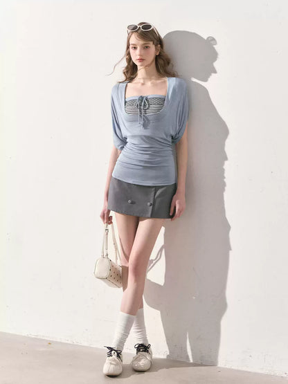 "Island Weather" Mist Blue Layered T-Shirt & Heather Gray Bandeau Mini Skirt Set