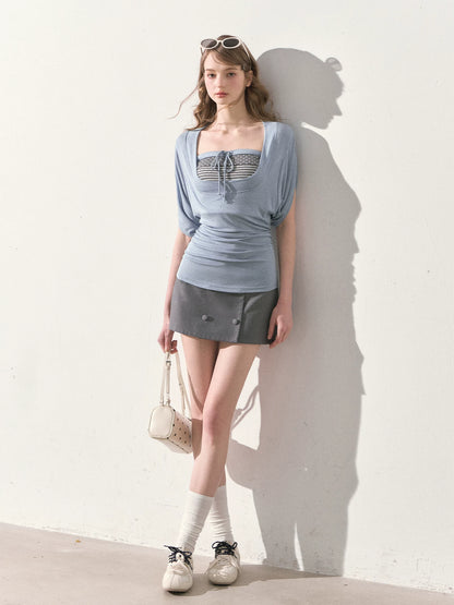 "Island Weather" Mist Blue Layered T-Shirt & Heather Gray Bandeau Mini Skirt Set