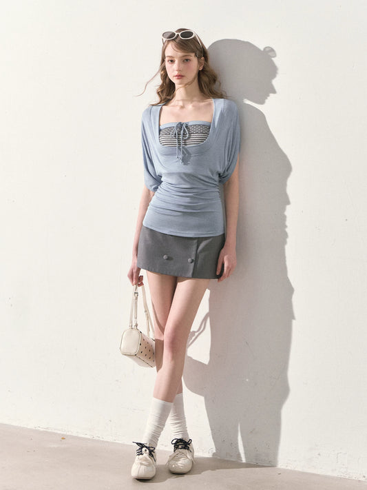 [TMMG] "Island Weather" Mist Blue Layered T-Shirt & Heather Gray Bandeau Mini Skirt Set