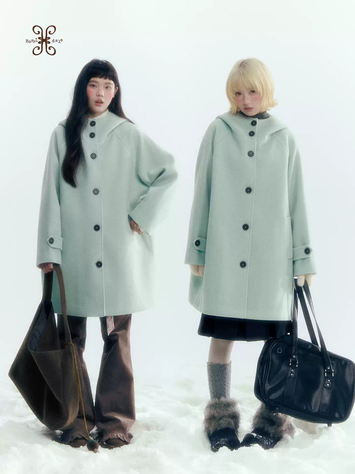 Pale Aqua Green Hooded Cocoon Wool-Blend Coat