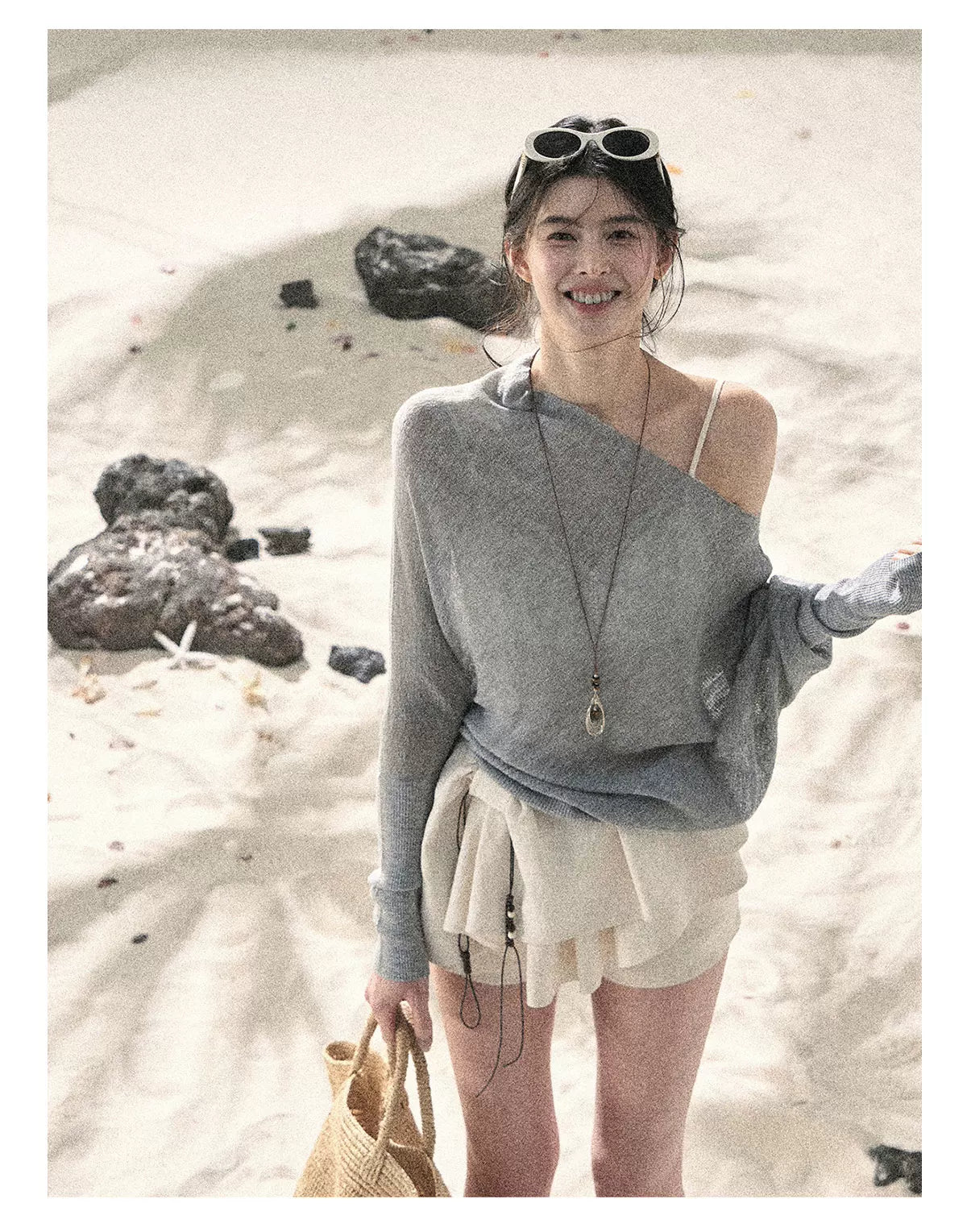 "Misty Veil Whisper" Cloud Trail Gray Off-Shoulder Sheer Sun Protection Top 5345634