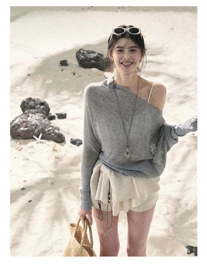 "Misty Veil Whisper" Cloud Trail Gray Off-Shoulder Sheer Sun Protection Top 5345634