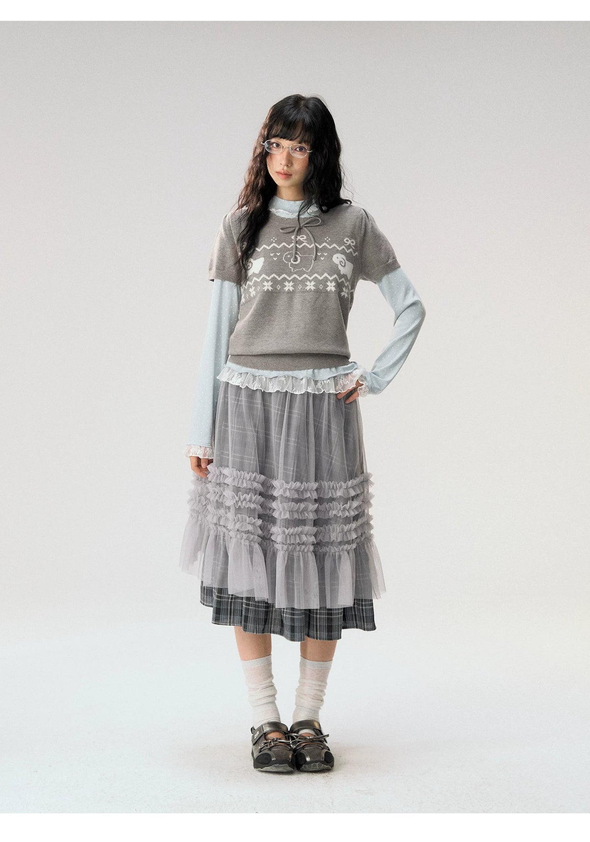 [CAN] "Little Lamb Adventure" Gray Jacquard Bow-Detail Short Sleeve Knit Top