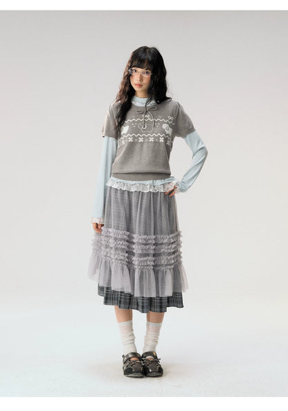 [CAN] "Little Lamb Adventure" Gray Jacquard Bow-Detail Short Sleeve Knit Top
