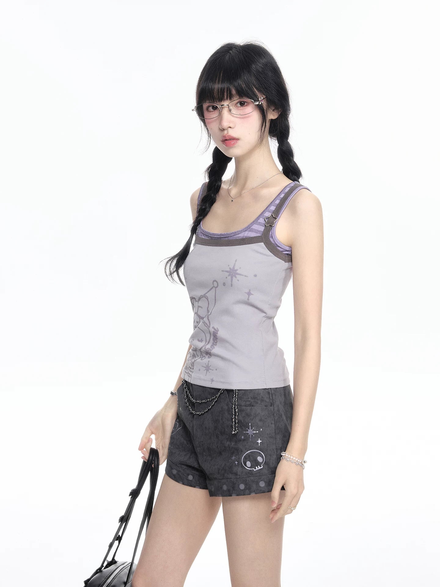 170726K "Twilight Rebel" Gray Purple Layered Summer Collection (Layered Cami Top / Casual Shorts)