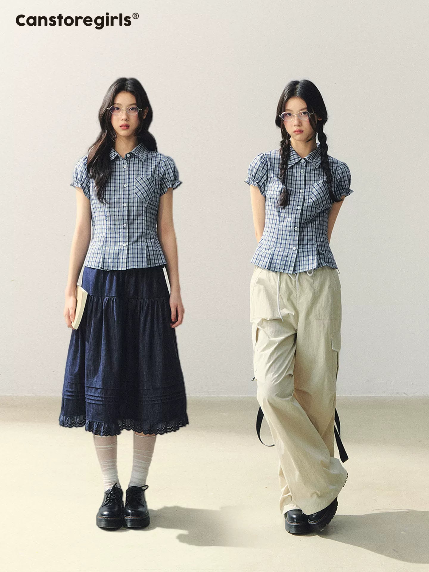 "Cheongdam Girl Mood" Fitted Plaid Puff Sleeve Blouse LL2026049