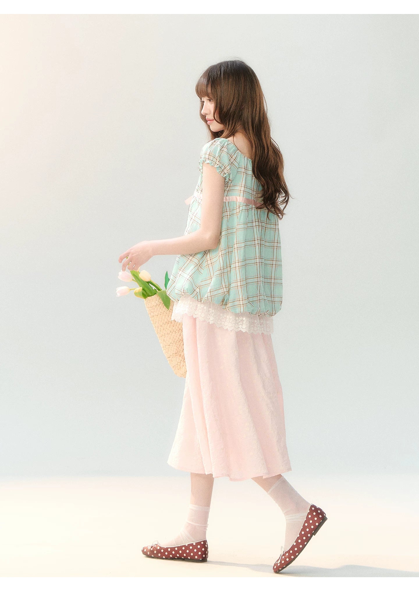 "Mint Peach Whisper" Mint Green Plaid Embroidered Skirt Set LL2026196